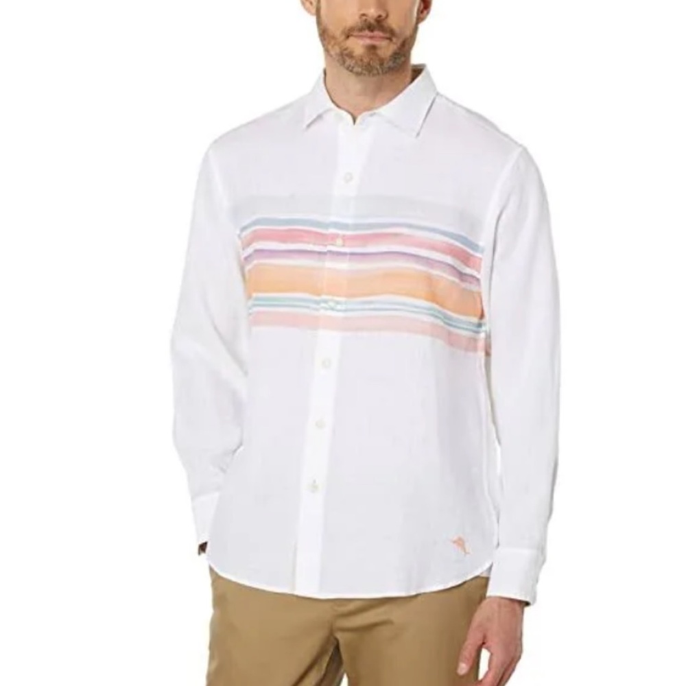 Tommy Bahama Men's Stripe-Print Long Sleeve Linen Shirt White Medium Beach‎